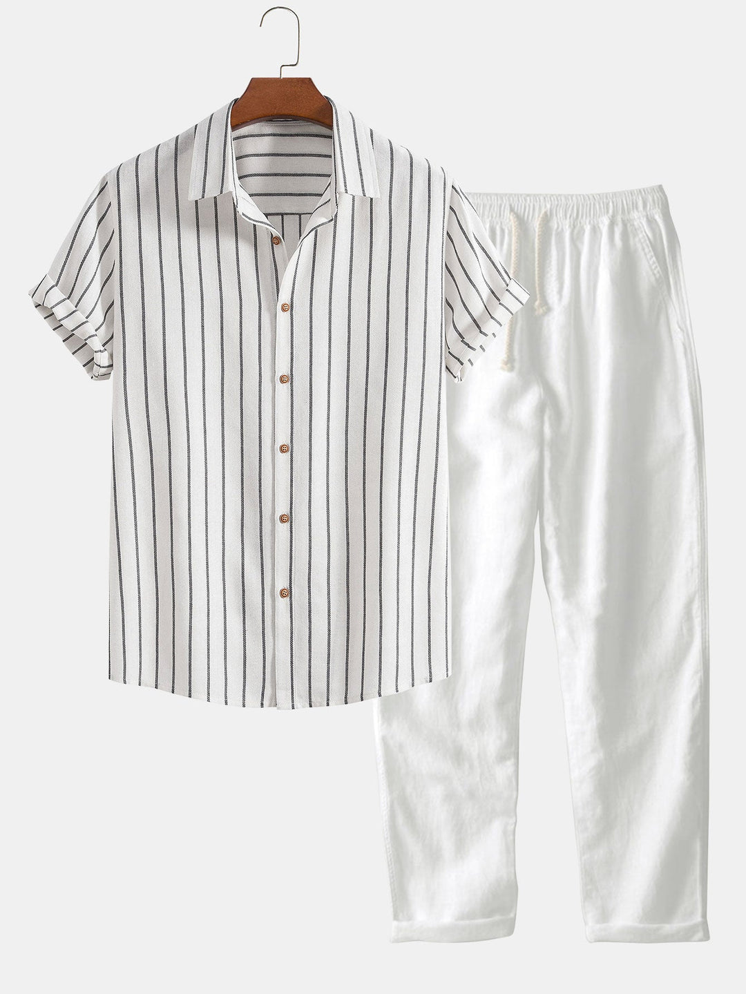 Cotton Blend Striped Button-Down Shirt & Straight Linen Pants
