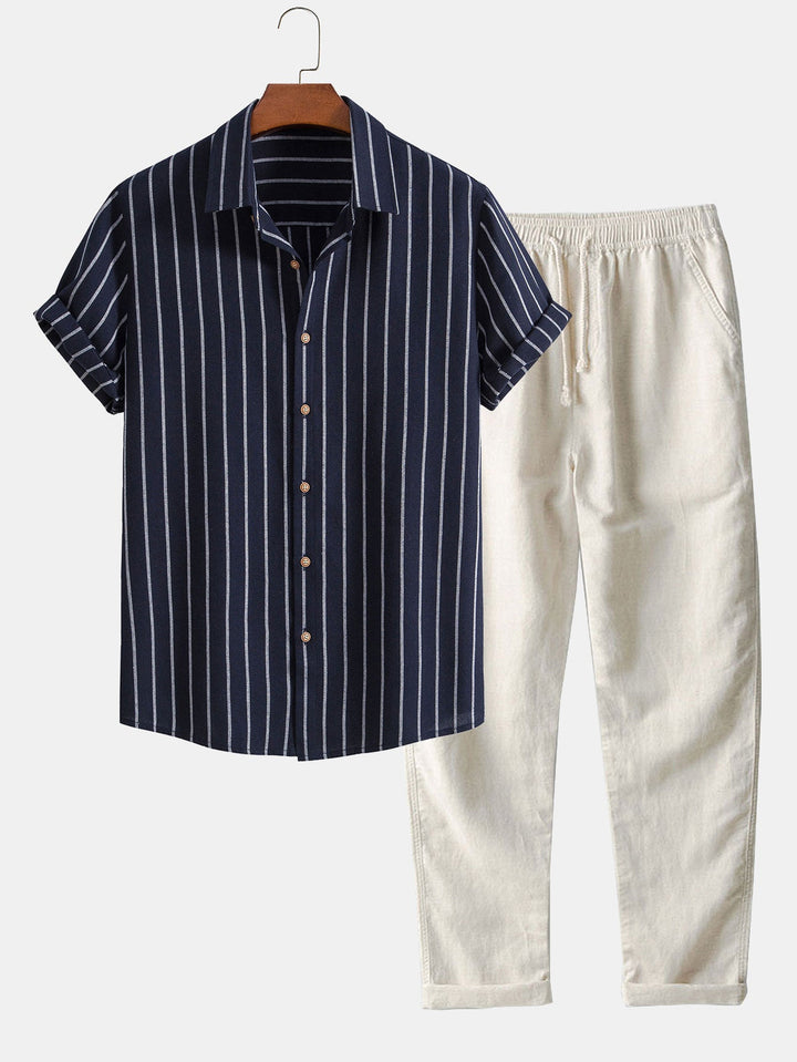 Cotton Blend Striped Button-Down Shirt & Straight Linen Pants