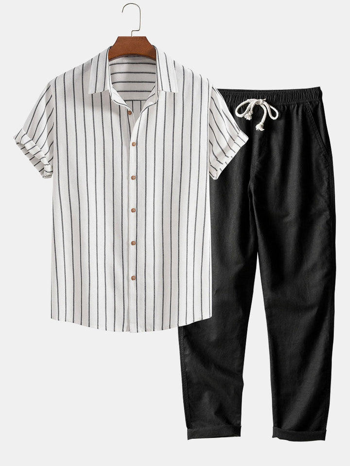 Cotton Blend Striped Button-Down Shirt & Straight Linen Pants