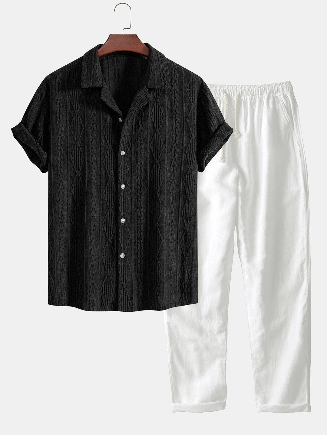 Geometric Jacquard Cuban Shirt & Straight Linen Pants