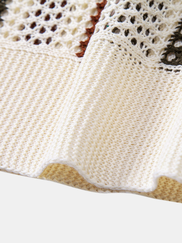 Striped Crochet V-Neck Polo & Straight Leg Linen Trousers