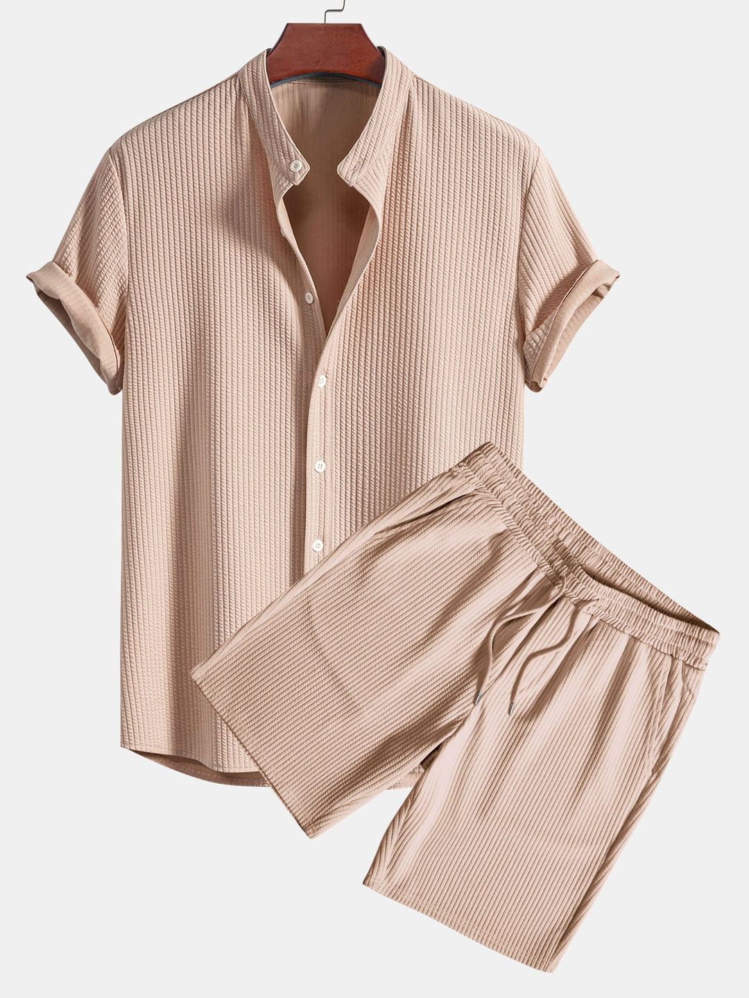 Muscle Fit Ribbed Stand-Up Collar Shirt & Shorts