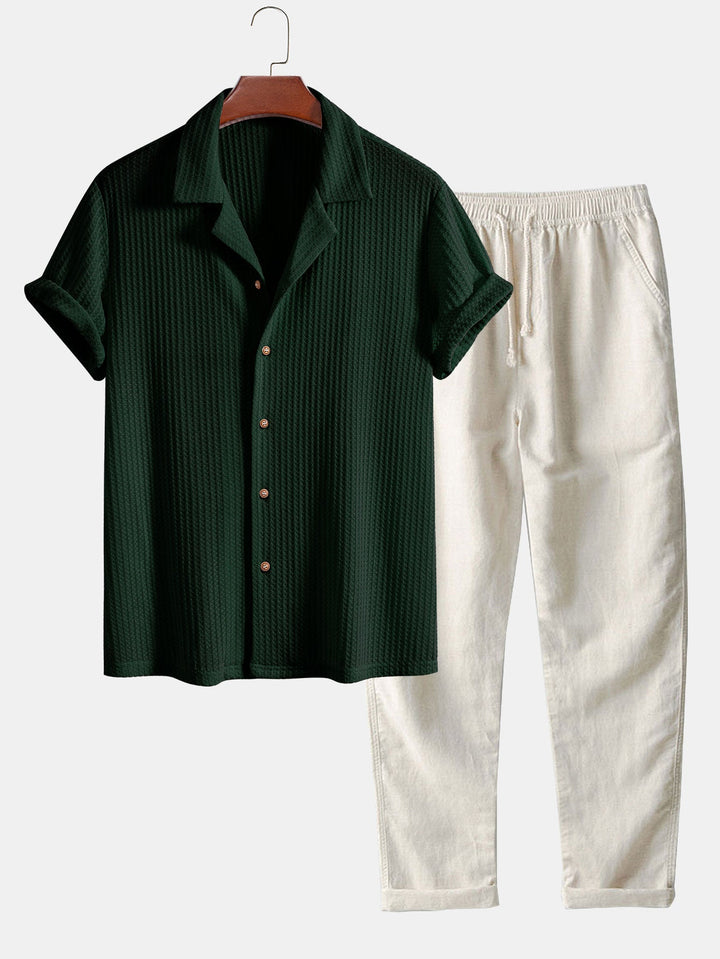 Short Sleeve Knitted Waffle Cuban Shirt & Straight Linen Pants