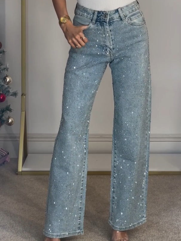 Hoge Taille Diamanté Rechte Jeans