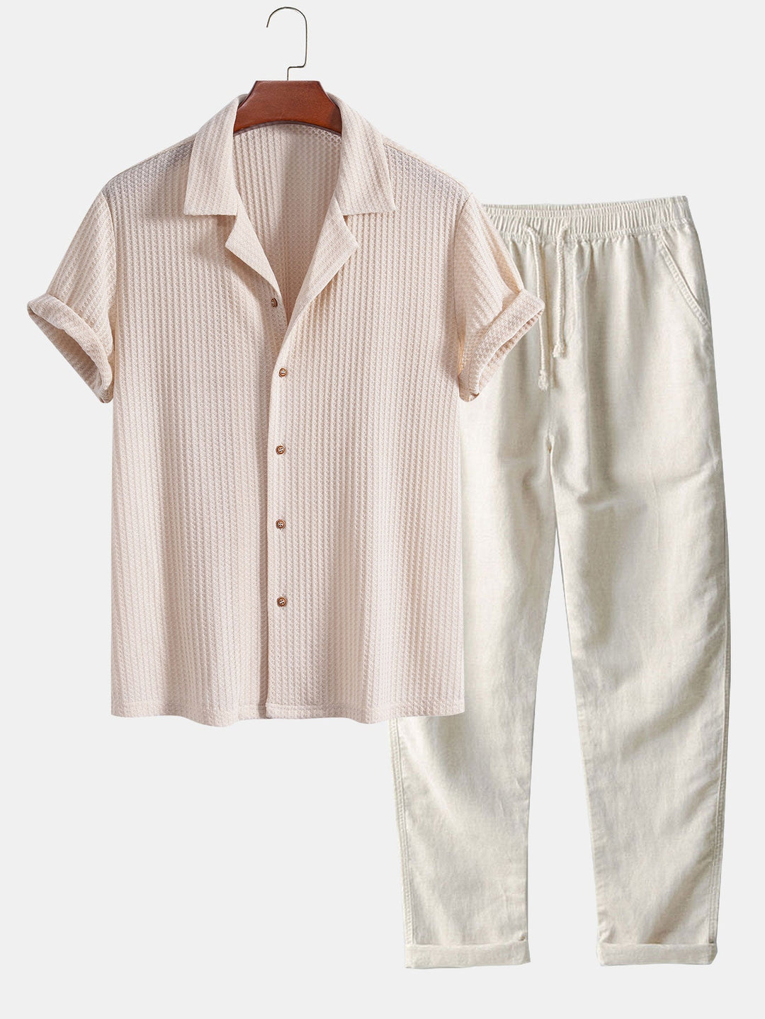 Short Sleeve Knitted Waffle Cuban Shirt & Straight Linen Pants