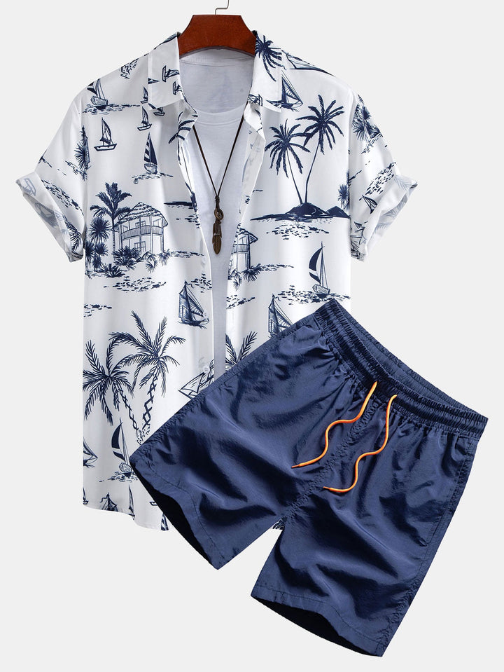 Island Sailing Print Button-Up Shirt & Swim Shorts