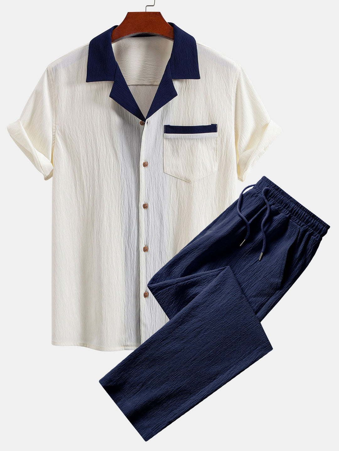 Textured Contrast Cuban Shirt & Straight Leg Pants