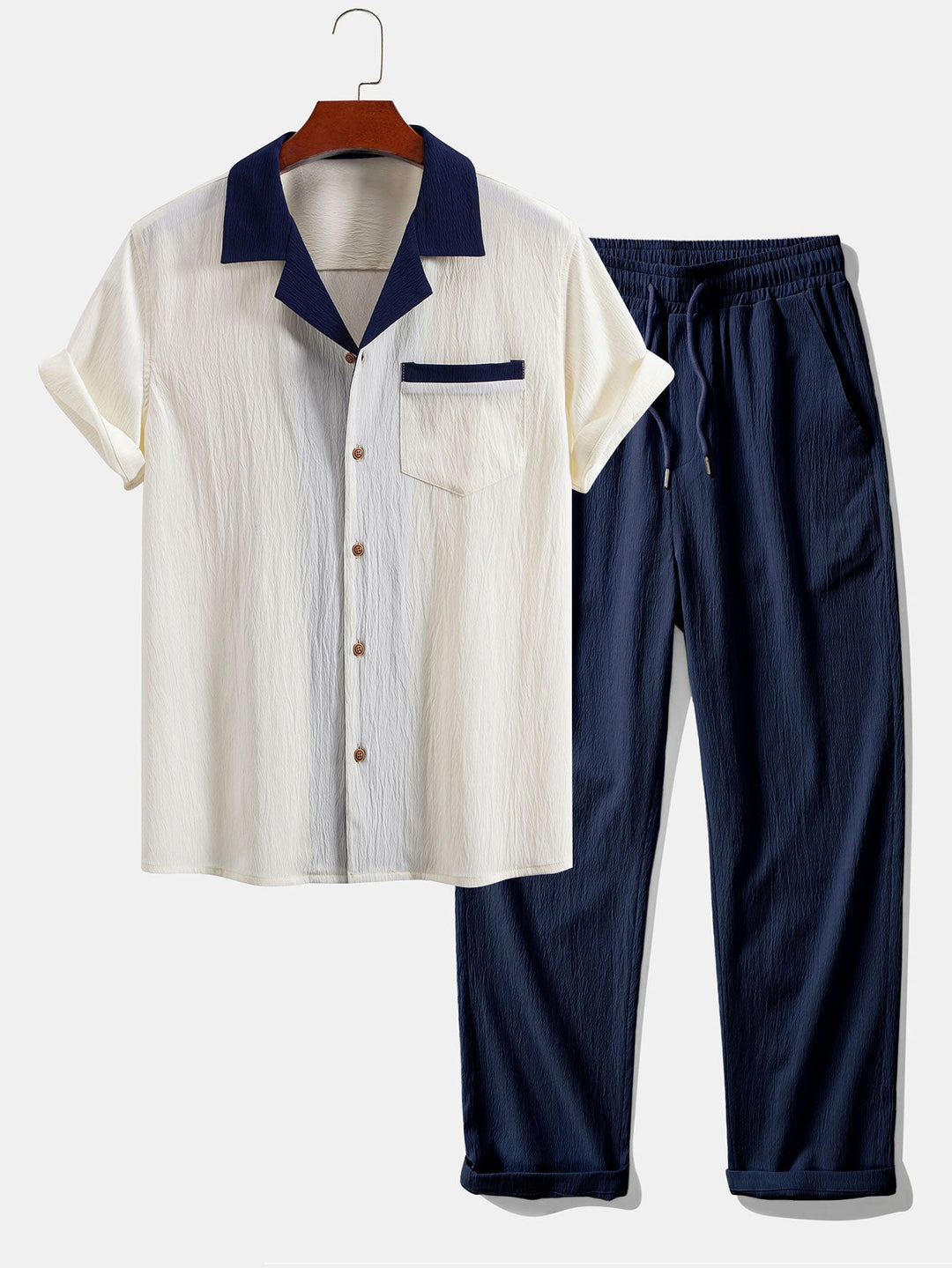 Textured Contrast Cuban Shirt & Straight Leg Pants