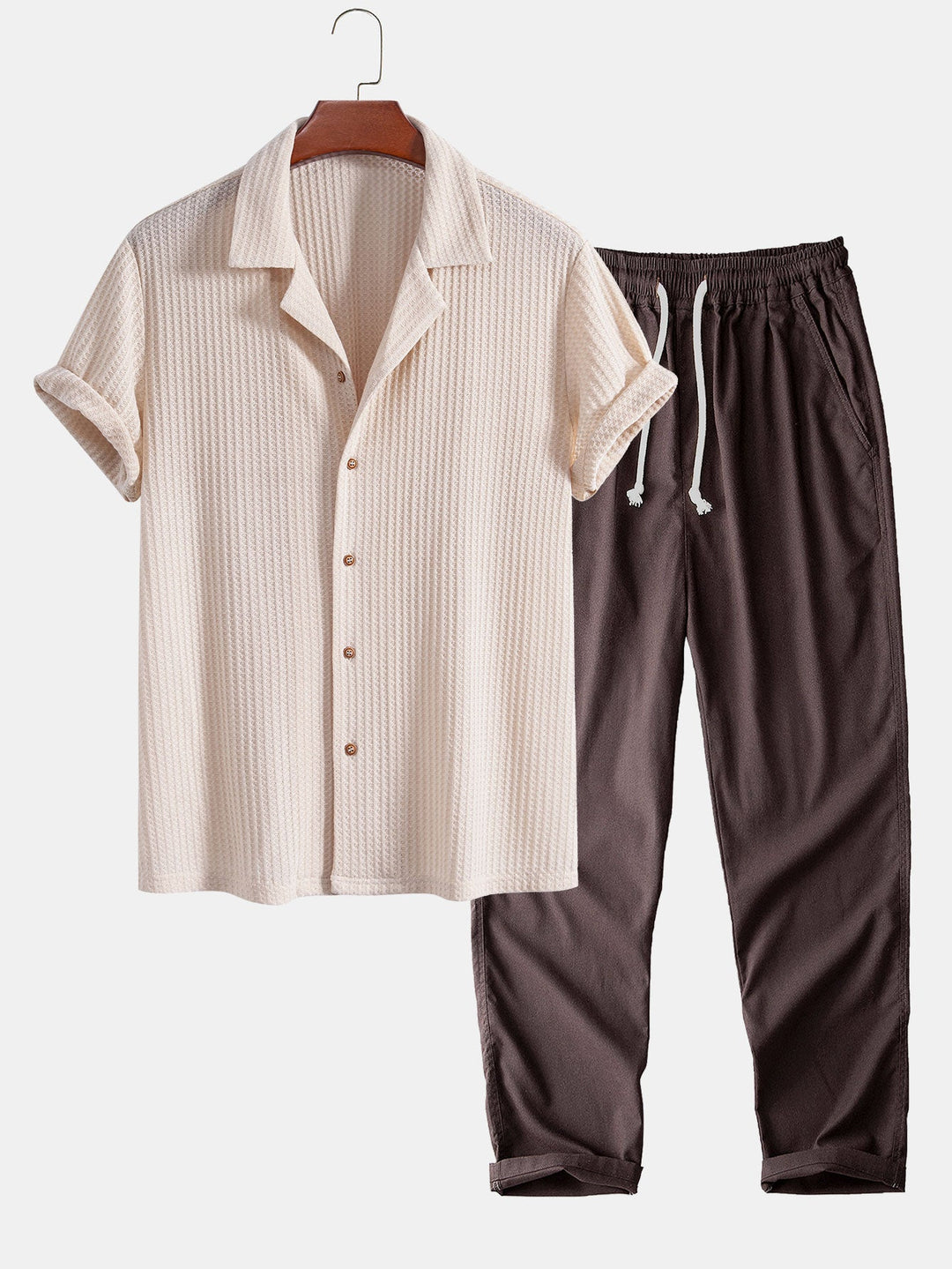 Short Sleeve Knitted Waffle Cuban Shirt & Straight Linen Pants