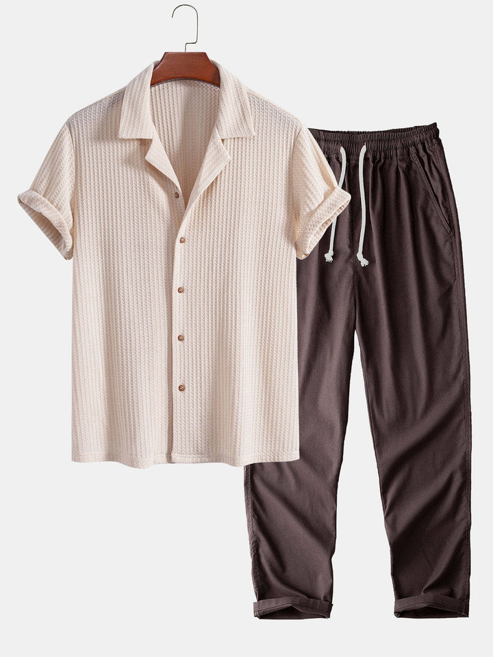 Short Sleeve Knitted Waffle Cuban Shirt & Straight Linen Pants