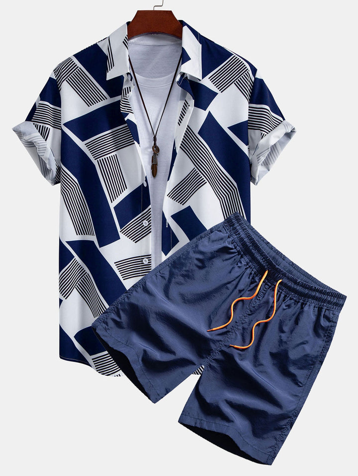 Color Block Geometry Print Button-Up Shirt & Swim Shorts