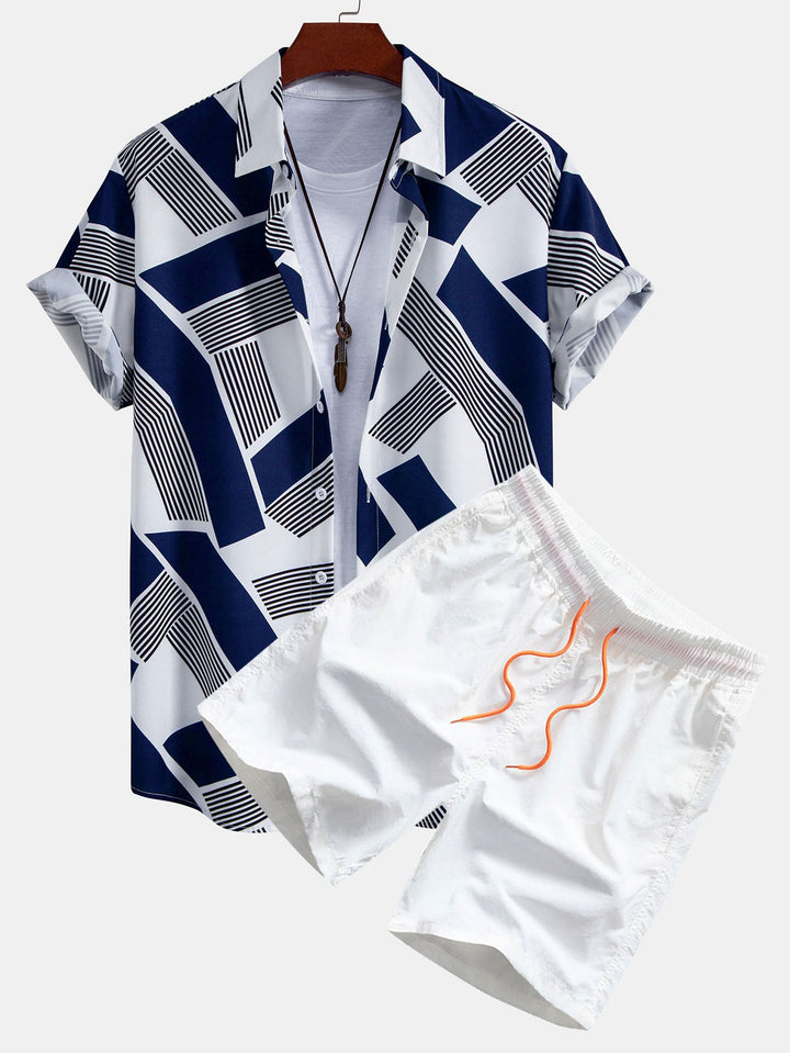 Color Block Geometry Print Button-Up Shirt & Swim Shorts