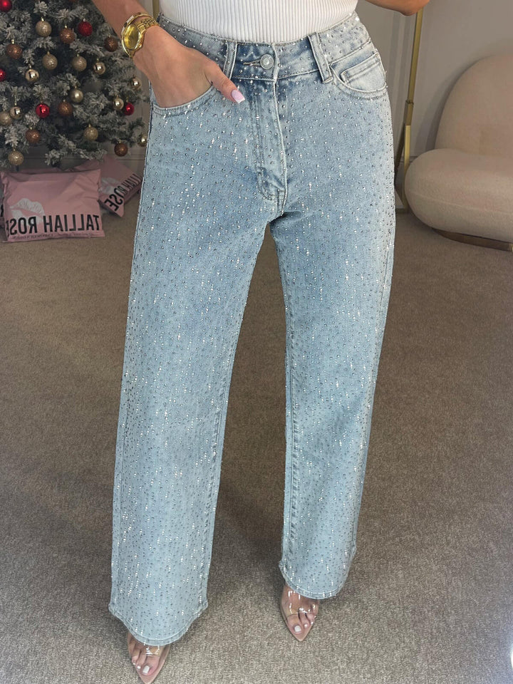 High Waist Diamanté Straight Jeans
