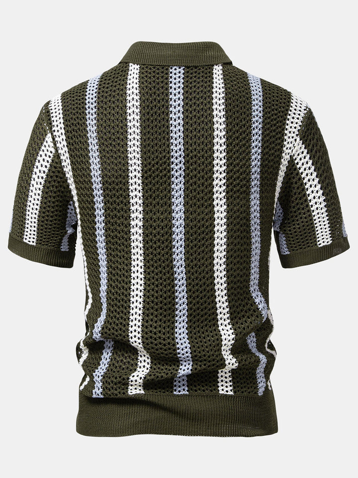 Striped Crochet V-Neck Polo & Straight Leg Linen Trousers