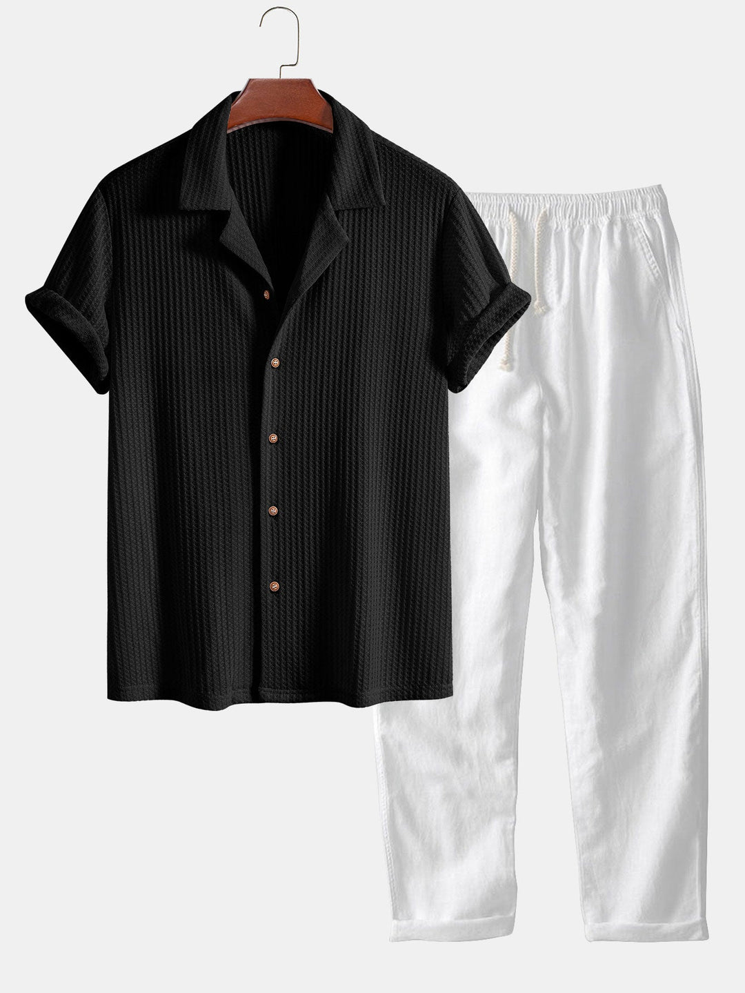 Short Sleeve Knitted Waffle Cuban Shirt & Straight Linen Pants