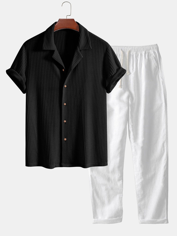 Short Sleeve Knitted Waffle Cuban Shirt & Straight Linen Pants