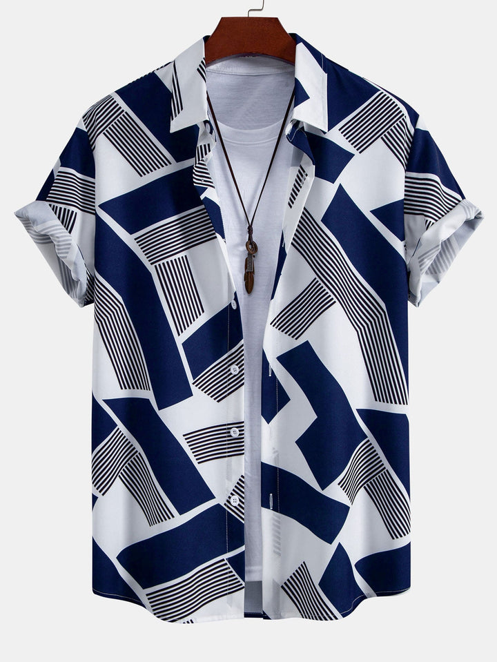 Color Block Geometry Print Button-Up Shirt & Swim Shorts