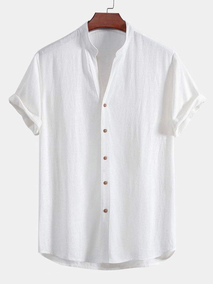 Short Sleeve V-Neck Linen Rayon Mix Shirt