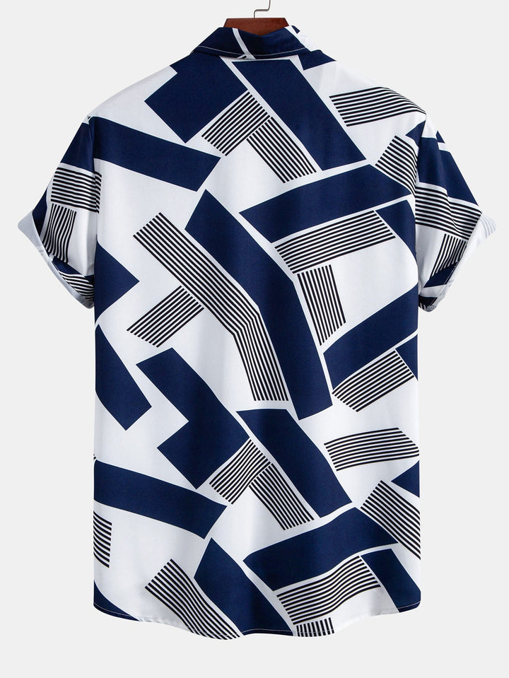 Color Block Geometry Print Button-Up Shirt & Swim Shorts
