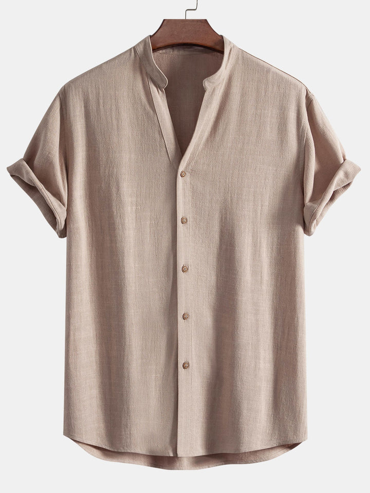 Short Sleeve V-Neck Linen Rayon Mix Shirt