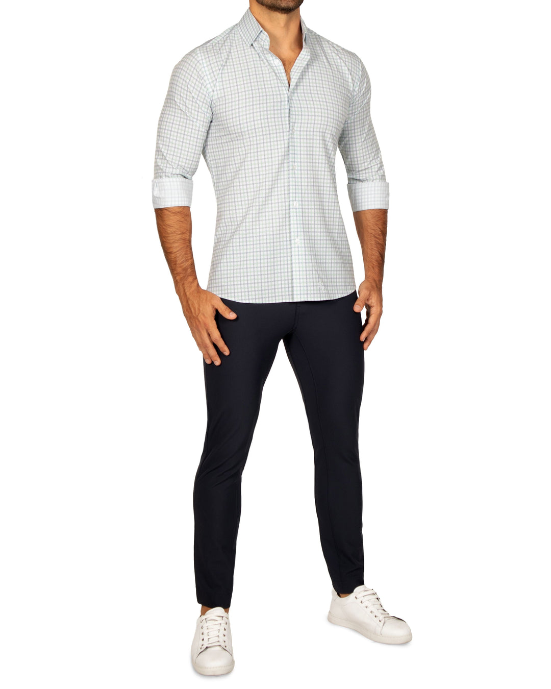 "The Amber" Grey & Light Green Mid Check