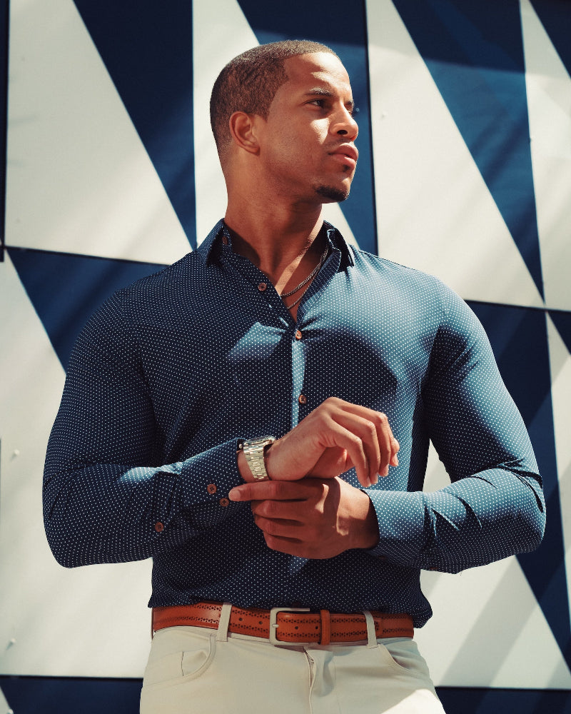 "The Boylston" Navy with White Polka Dots