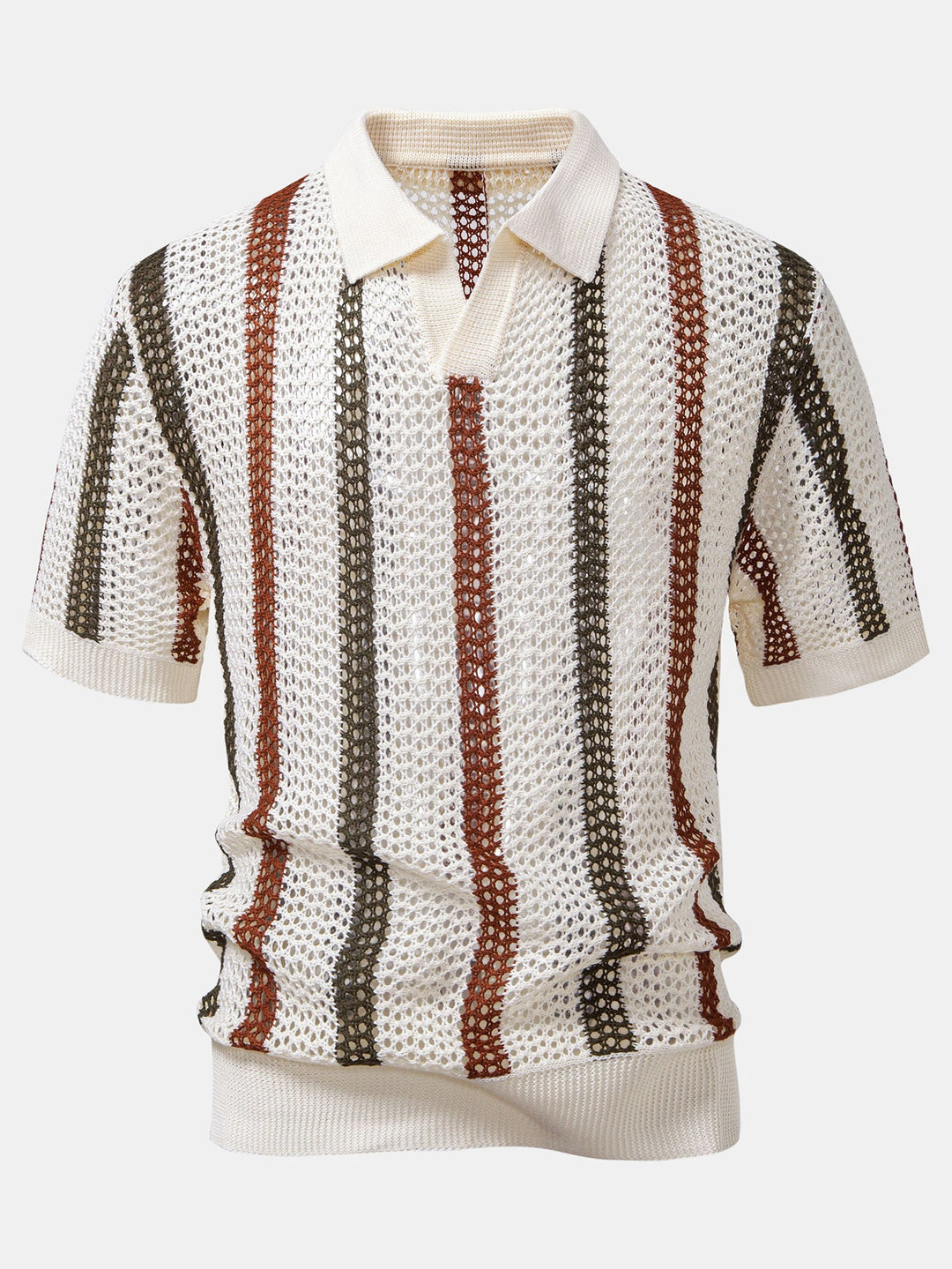 Striped Crochet V-Neck Polo & Straight Leg Linen Trousers