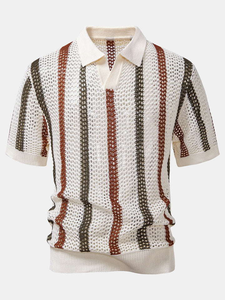 Striped Crochet V-Neck Polo & Straight Leg Linen Trousers