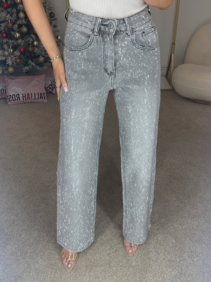 Premium diamanté denim wide-leg jeans