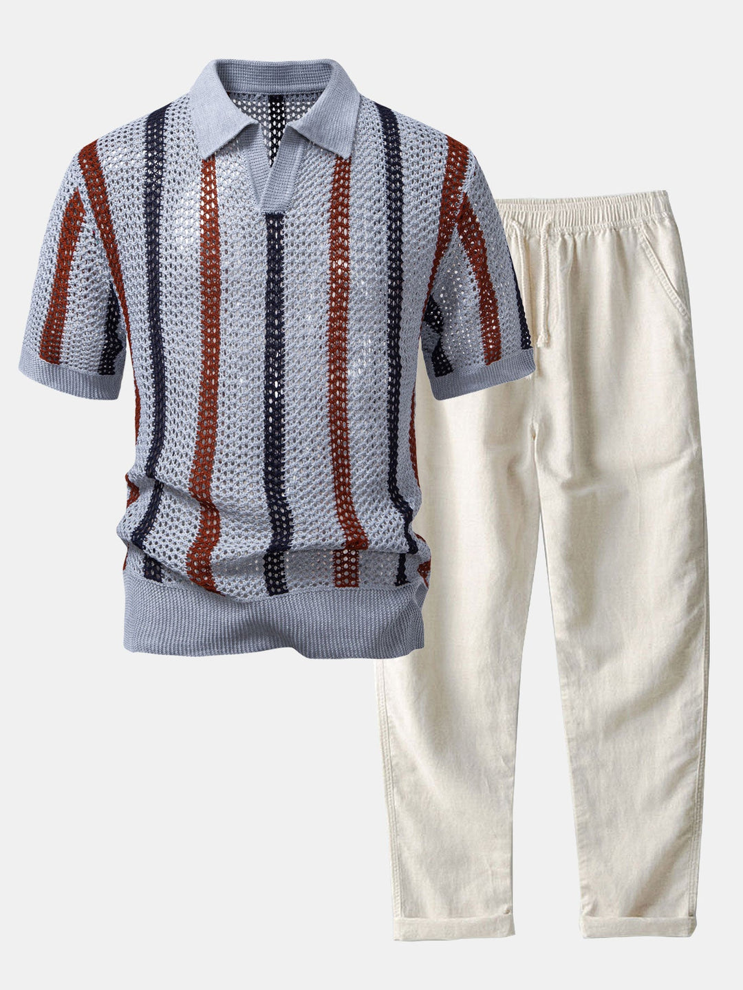 Striped Crochet V-Neck Polo & Straight Leg Linen Trousers