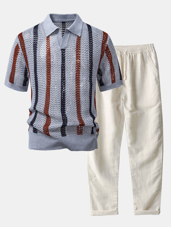 Striped Crochet V-Neck Polo & Straight Leg Linen Trousers