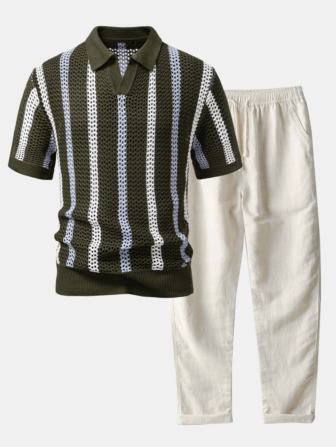 Striped Crochet V-Neck Polo & Straight Leg Linen Trousers