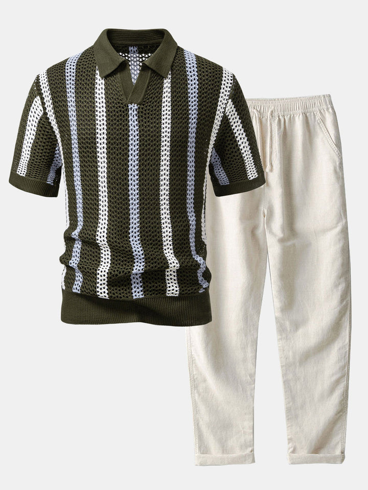 Striped Crochet V-Neck Polo & Straight Leg Linen Trousers