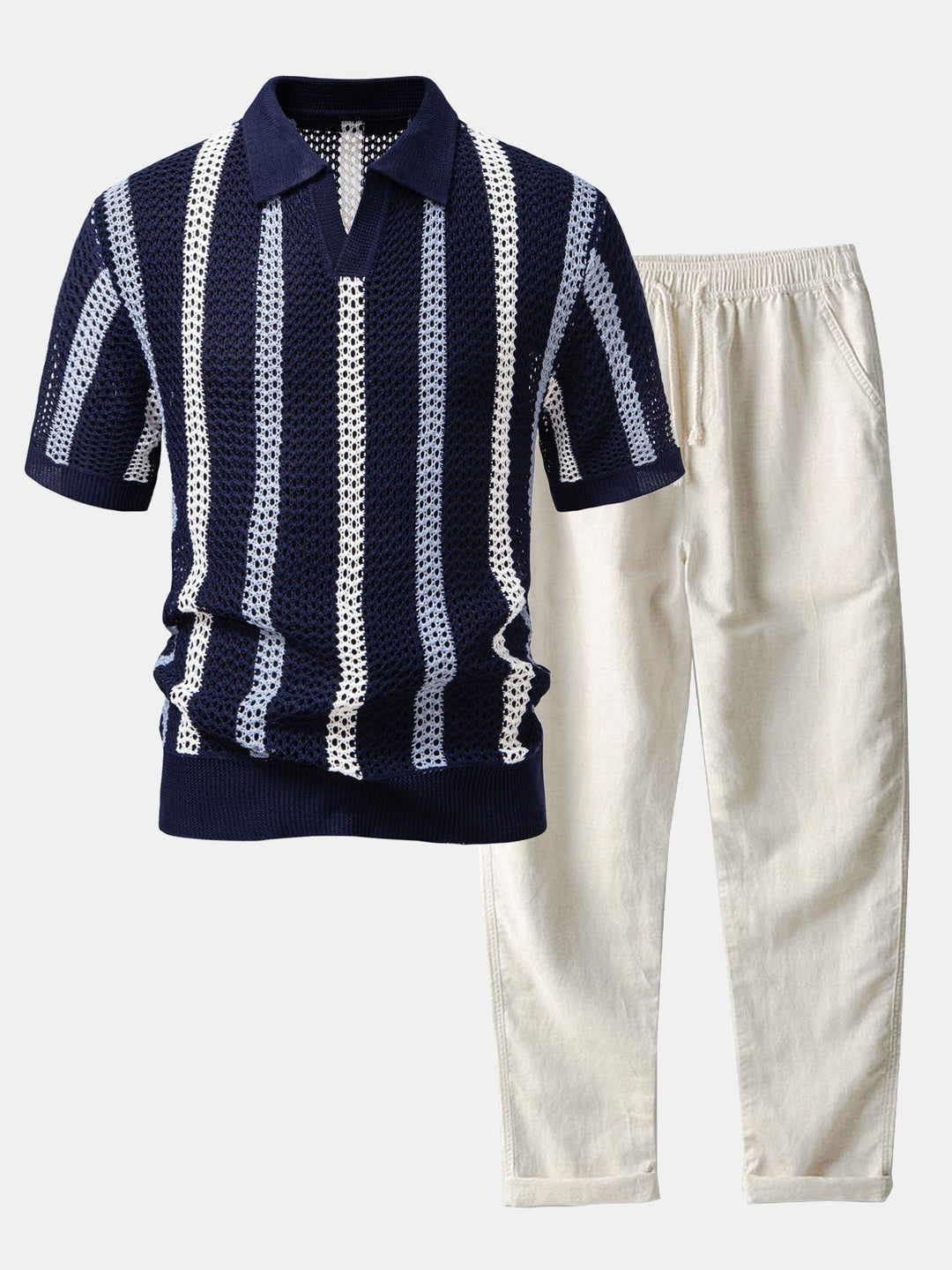 Striped Crochet V-Neck Polo & Straight Leg Linen Trousers