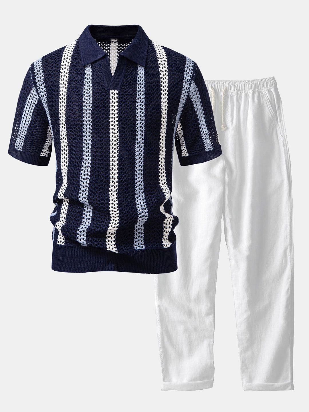 Striped Crochet V-Neck Polo & Straight Leg Linen Trousers