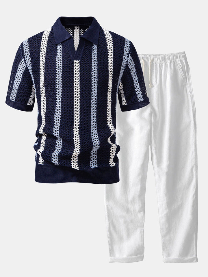 Striped Crochet V-Neck Polo & Straight Leg Linen Trousers