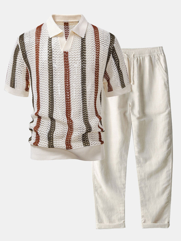 Striped Crochet V-Neck Polo & Straight Leg Linen Trousers