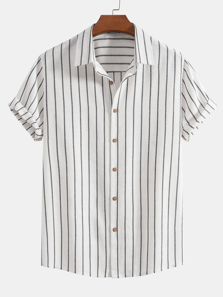 Cotton Blend Striped Button-Down Shirt & Straight Linen Pants