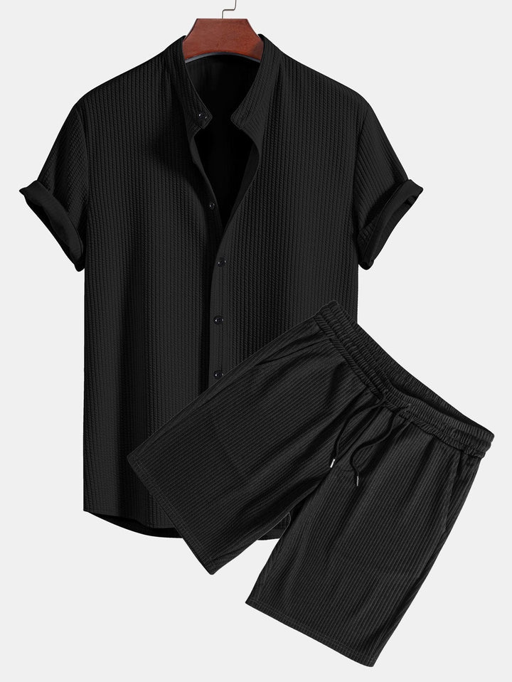 Muscle Fit Ribbed Stand-Up Collar Shirt & Shorts