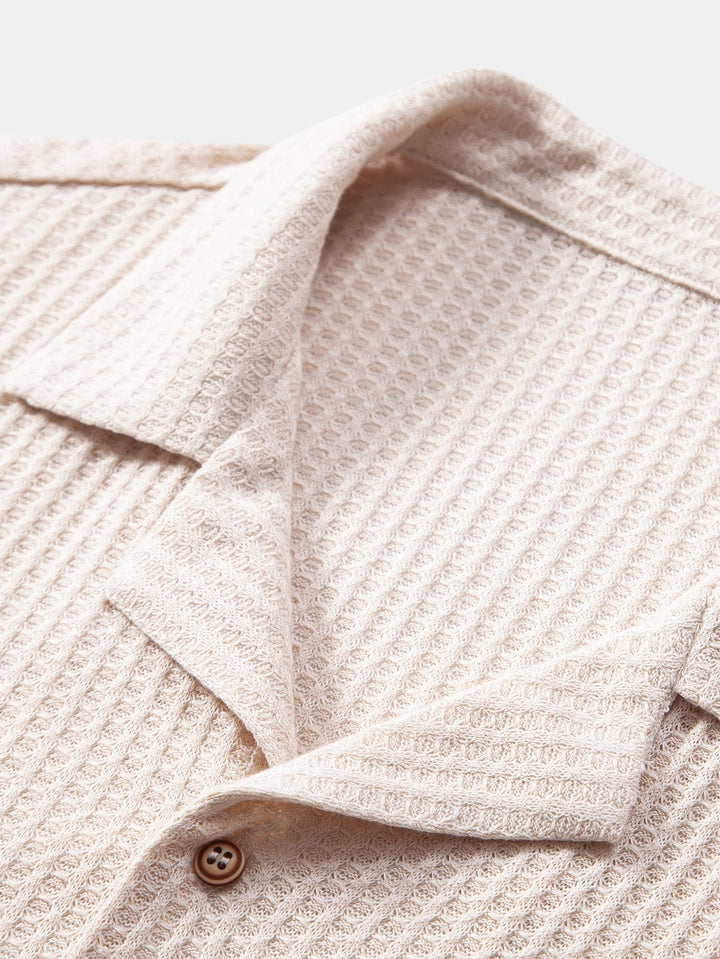 Short Sleeve Knitted Waffle Cuban Shirt & Straight Linen Pants