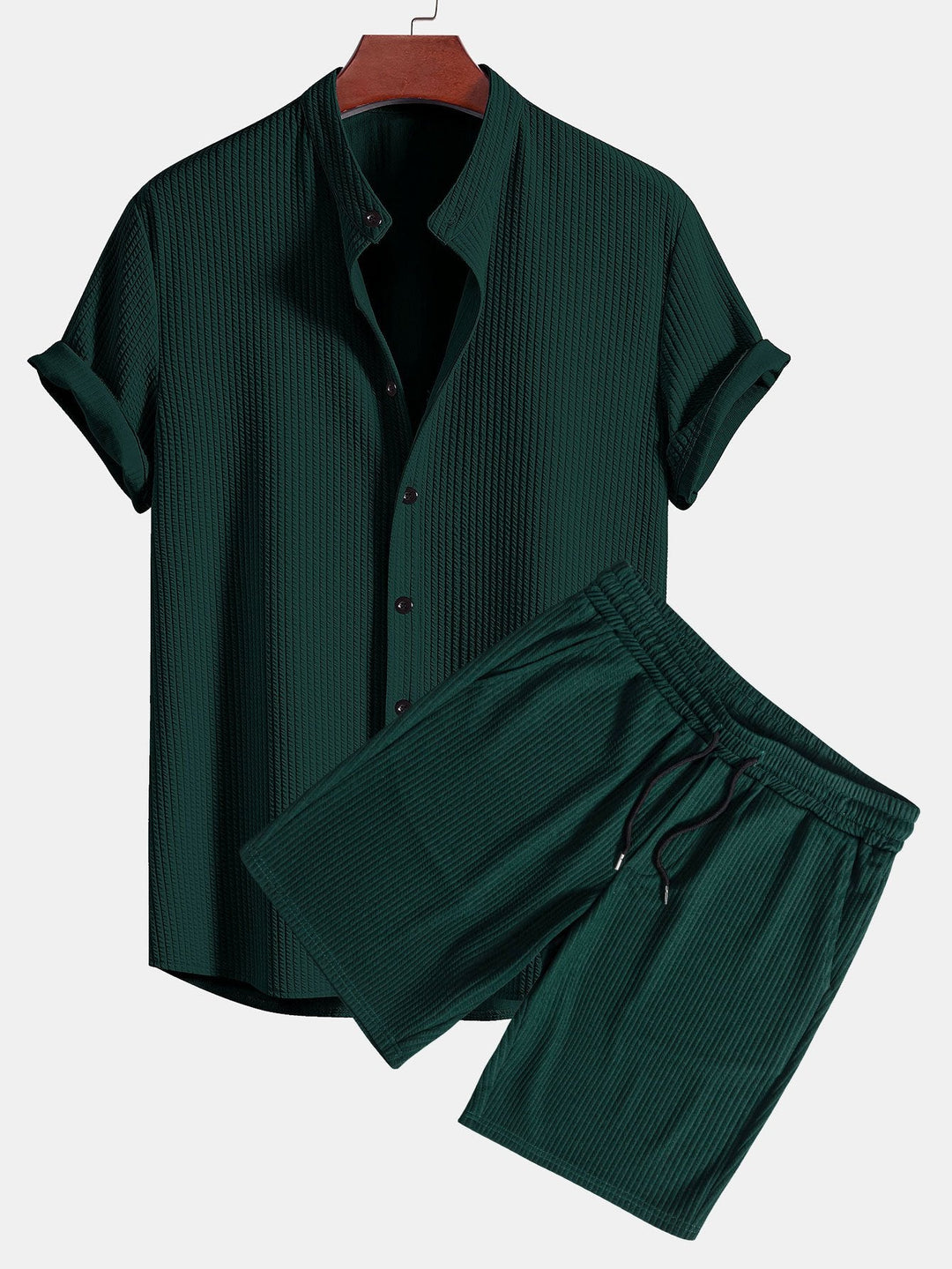 Muscle Fit Ribbed Stand-Up Collar Shirt & Shorts
