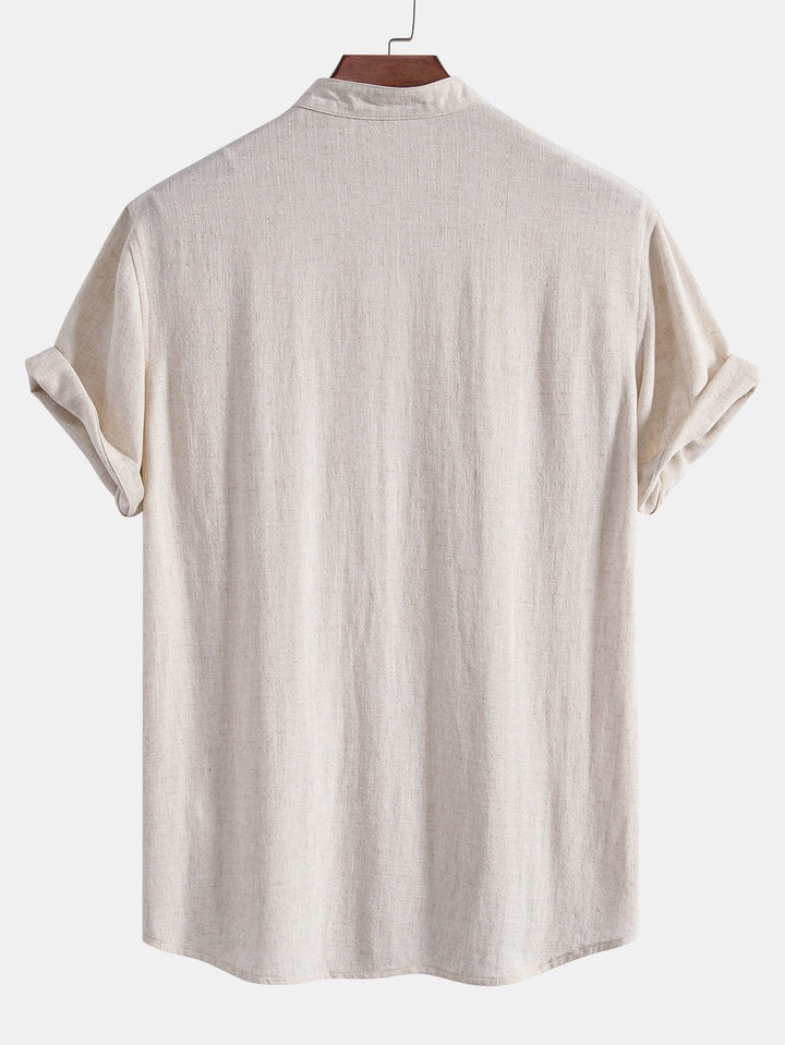 Short Sleeve V-Neck Linen Rayon Mix Shirt