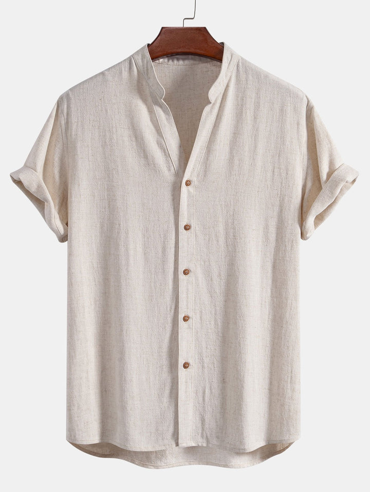 Short Sleeve V-Neck Linen Rayon Mix Shirt