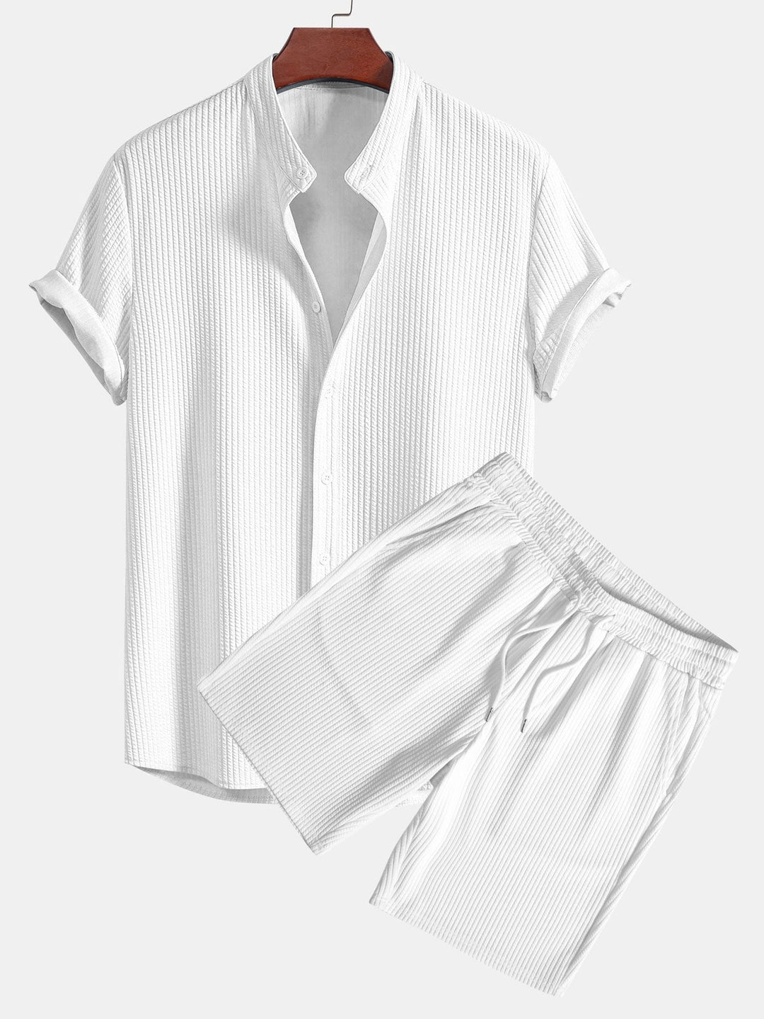 Muscle Fit Ribbed Stand-Up Collar Shirt & Shorts